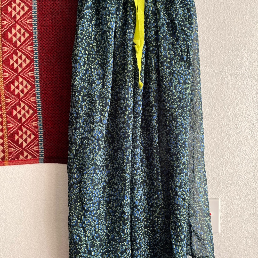 Free People Navy Blue + Lime Green Printed Wide Leg Jumpsuit